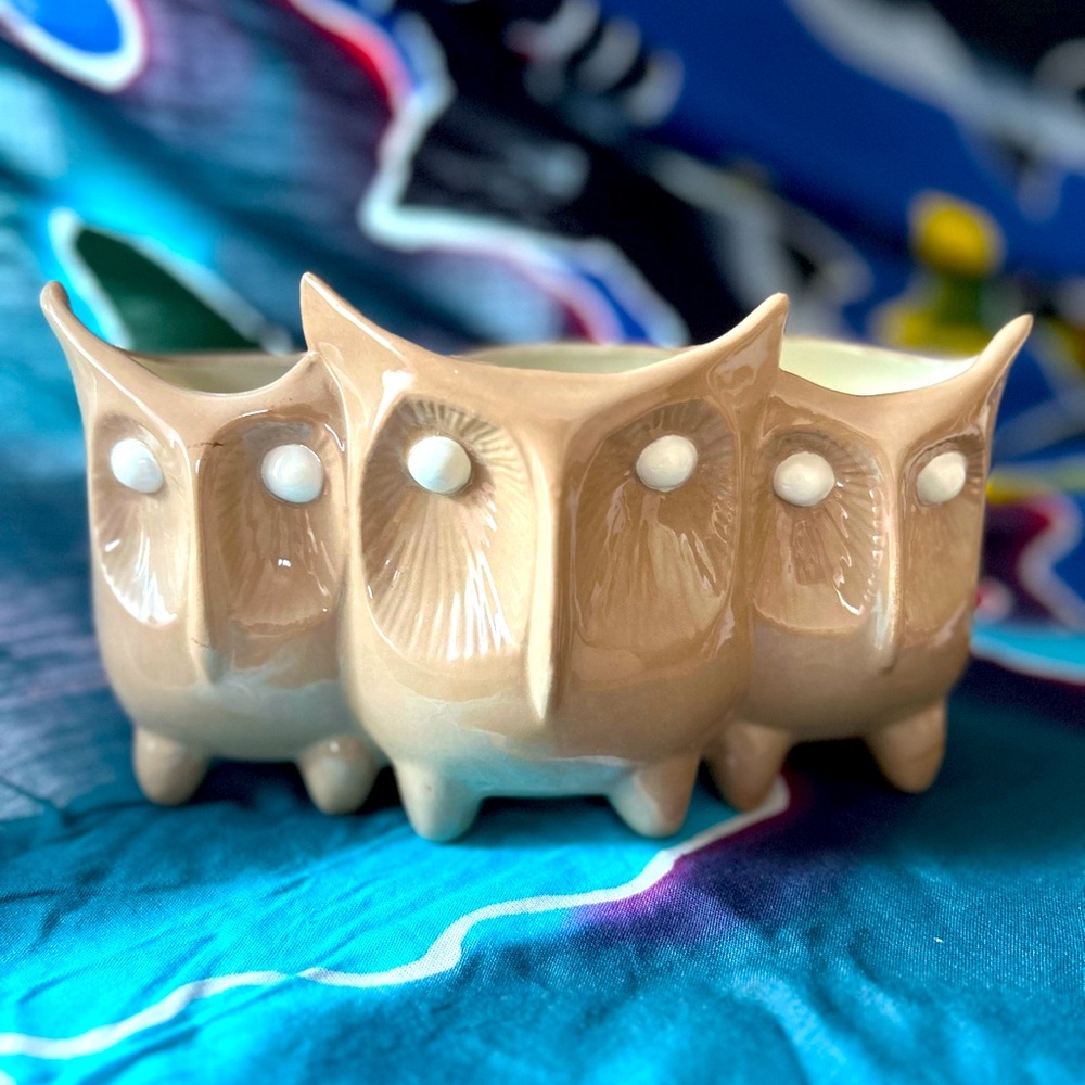 Ceramic Owl Trio Planter - Tan